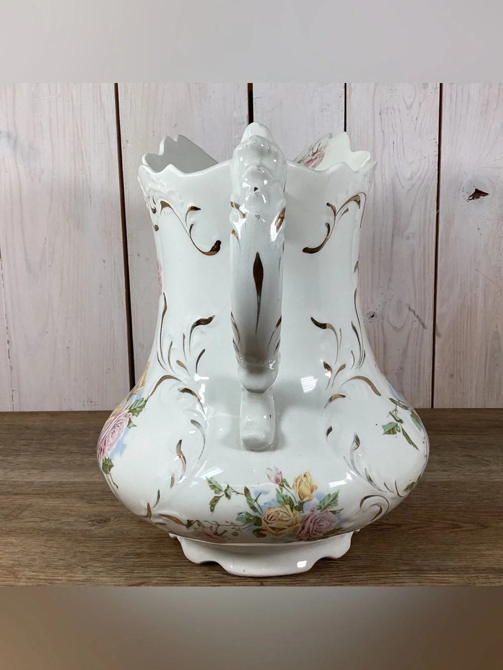 Antique WC Co Semi Porcelain 11” Pitcher Pink & Yellow Roses Gold Leafing Emboss